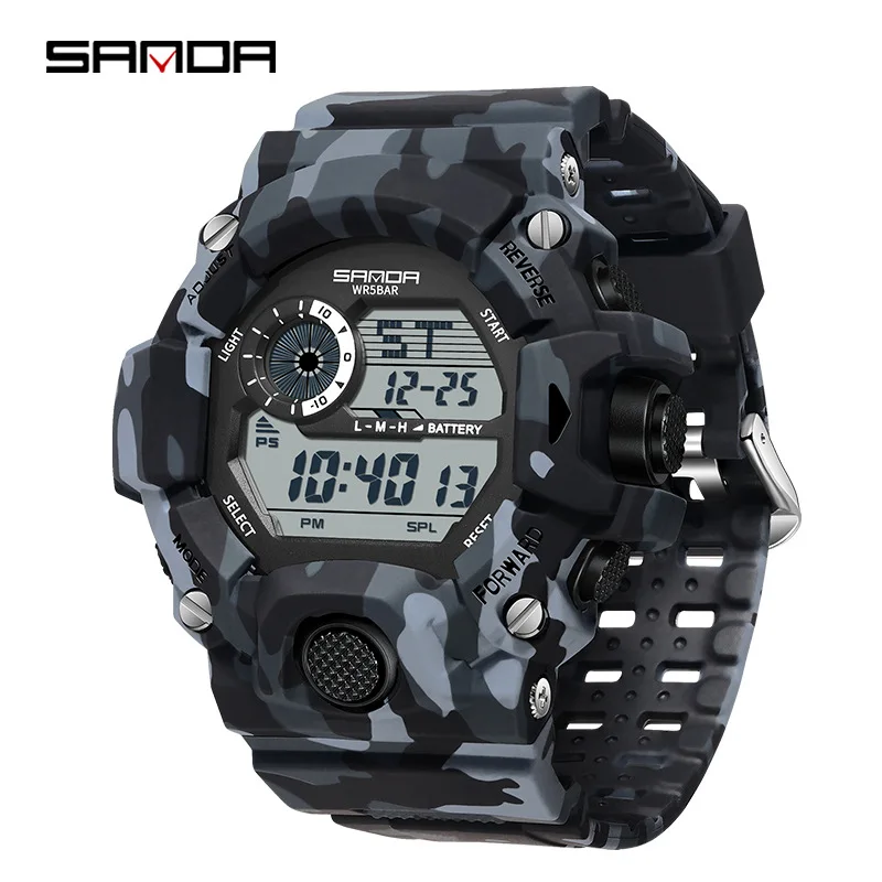 SANDA 2183 Reloj electrónico Moda Camuflaje militar Impermeable Deportes al aire libre Pantalla digital Relojes de pulsera con correa de silicona para hombres