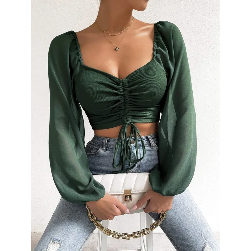 Frauen Frühling Herbst Lange Puff Sleeve Tops Tees Lose Chiffon Stricken Tiefem V-ausschnitt T-shirts Fashion Solid Casual Raffen T shirts
