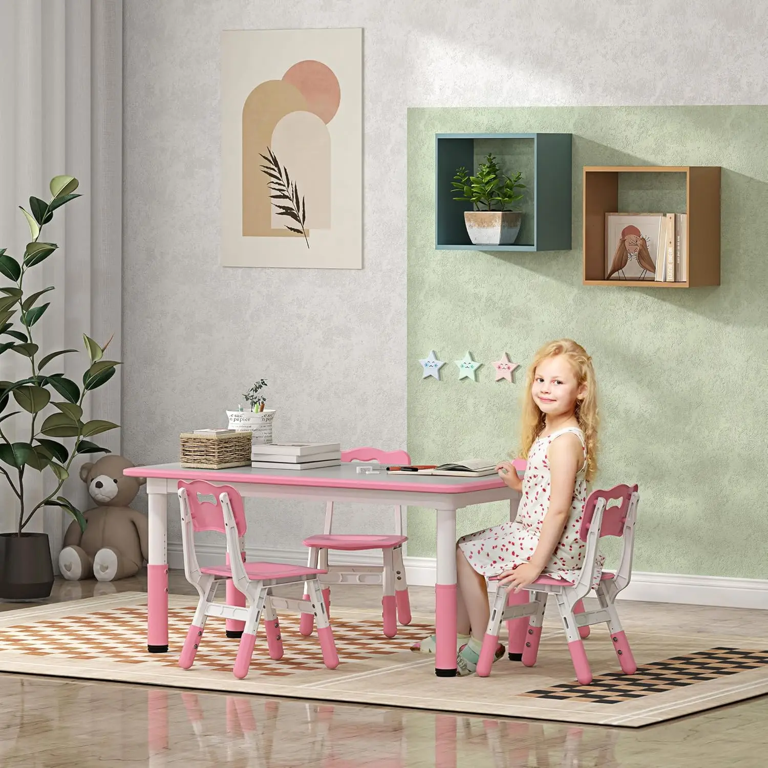 Qaba Kids Table And Chair Set, 5 Piece Toddler Table And Chair Set With 4 Chairs Adjustable Height, For Snack Time,