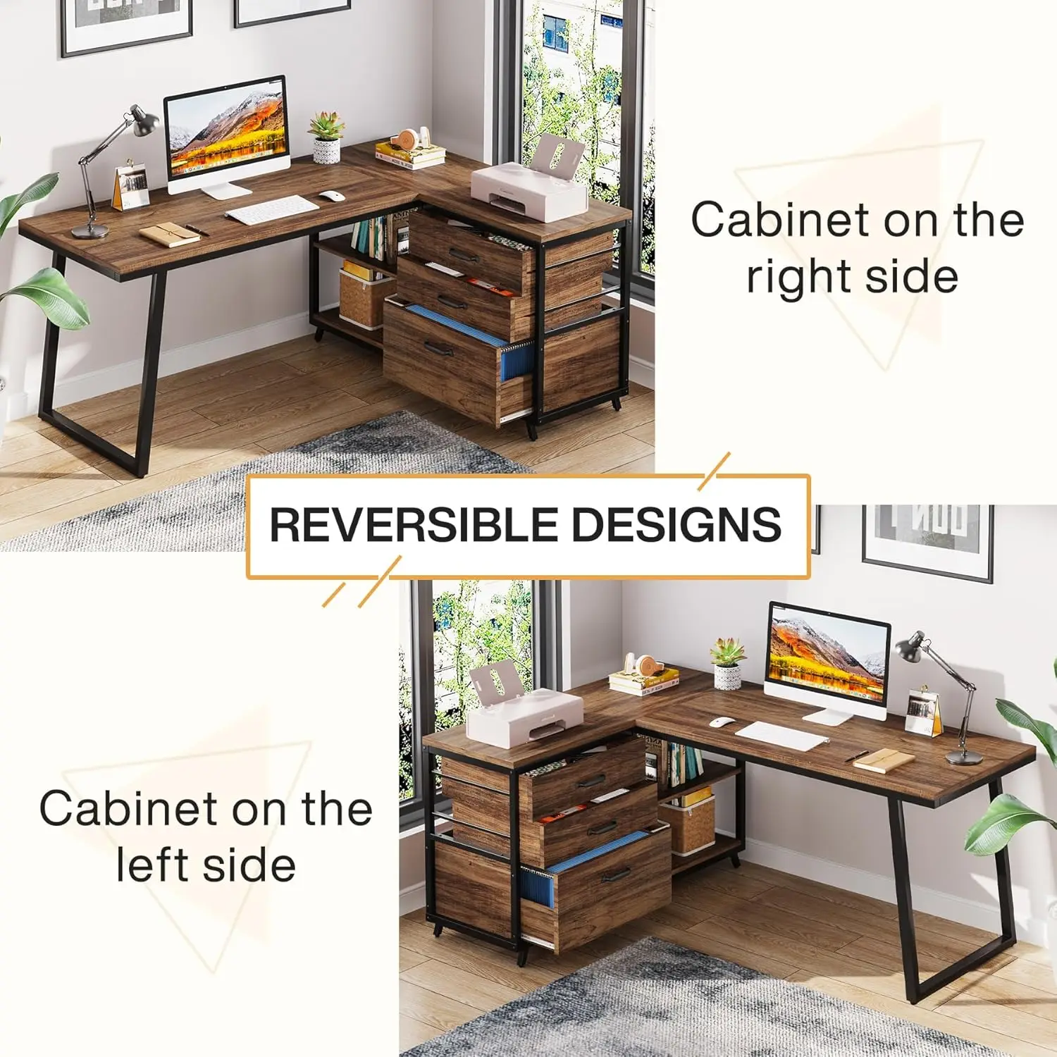 L-Shaped Computer Desk with 3 Drawers,Home Office Desk with Shelves, 53-Inch Industrial PC Desk for Small Space, Rustic Brown