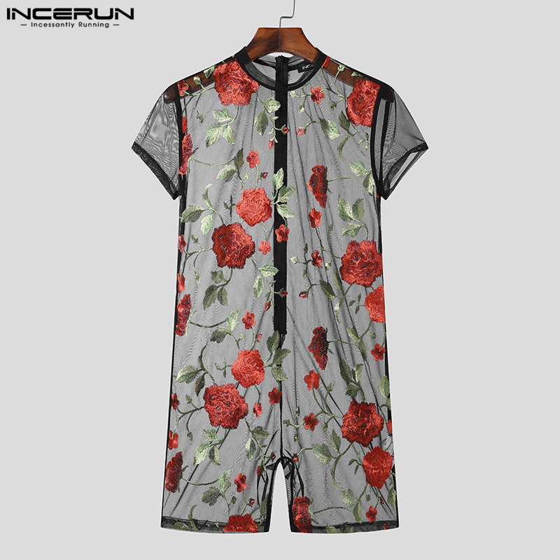 Incerun bodysuits masculinos malha transparente o-pescoço manga curta moda macacão sexy 2024 flor bordado unisex playsuits S-5XL