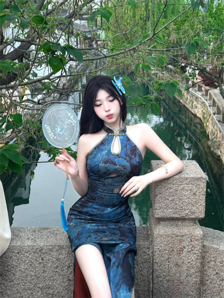 女性用ノースリーブ中国チャイナドレス,マンダリンカラー,サイドスリット,ロングパーティードレス,スリムフィット,ラージサイズ,150kg