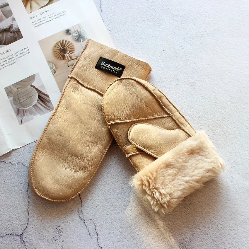 หนังแกะขนสัตว์Mittensผู้หญิงหนังขนสัตว์สีฤดูหนาวความอบอุ่นหนากลางแจ้งเย็นเด็กนักเรียนWindproofถุงมือ