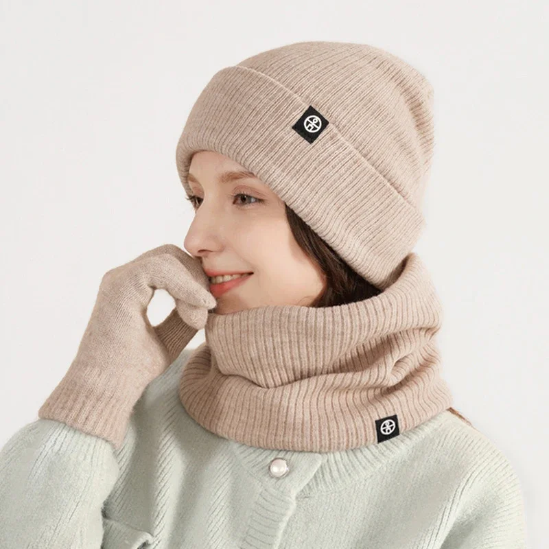 Conjunto de guantes de redecilla para mujer, gorro de invierno, bufanda de redecilla, gorros de Calavera, bufandas de cuello forradas de lana, conjunto de guantes de redecilla para hombres, 3 piezas