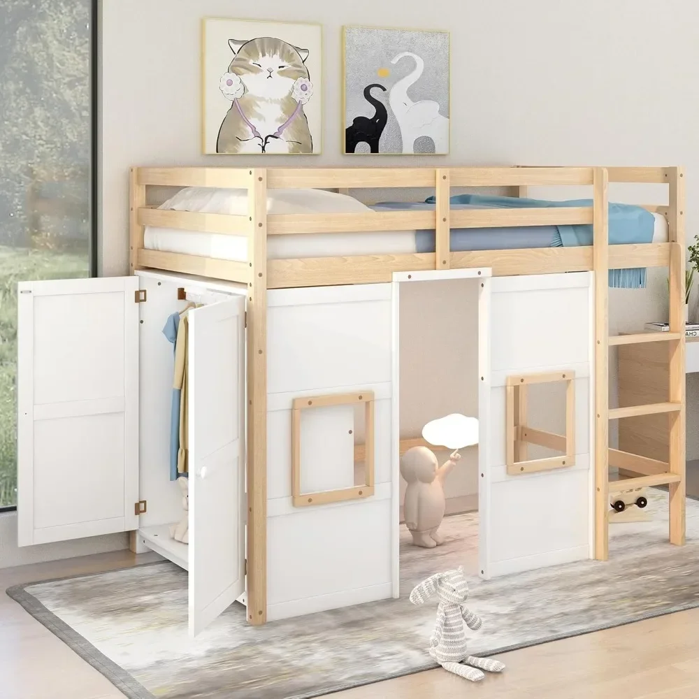 Wood Twin Size Loft Bed Frame with Built-in Storage Wardrobe and 2 Windows, Playful Design Beds with Safety Guardrails and Stair