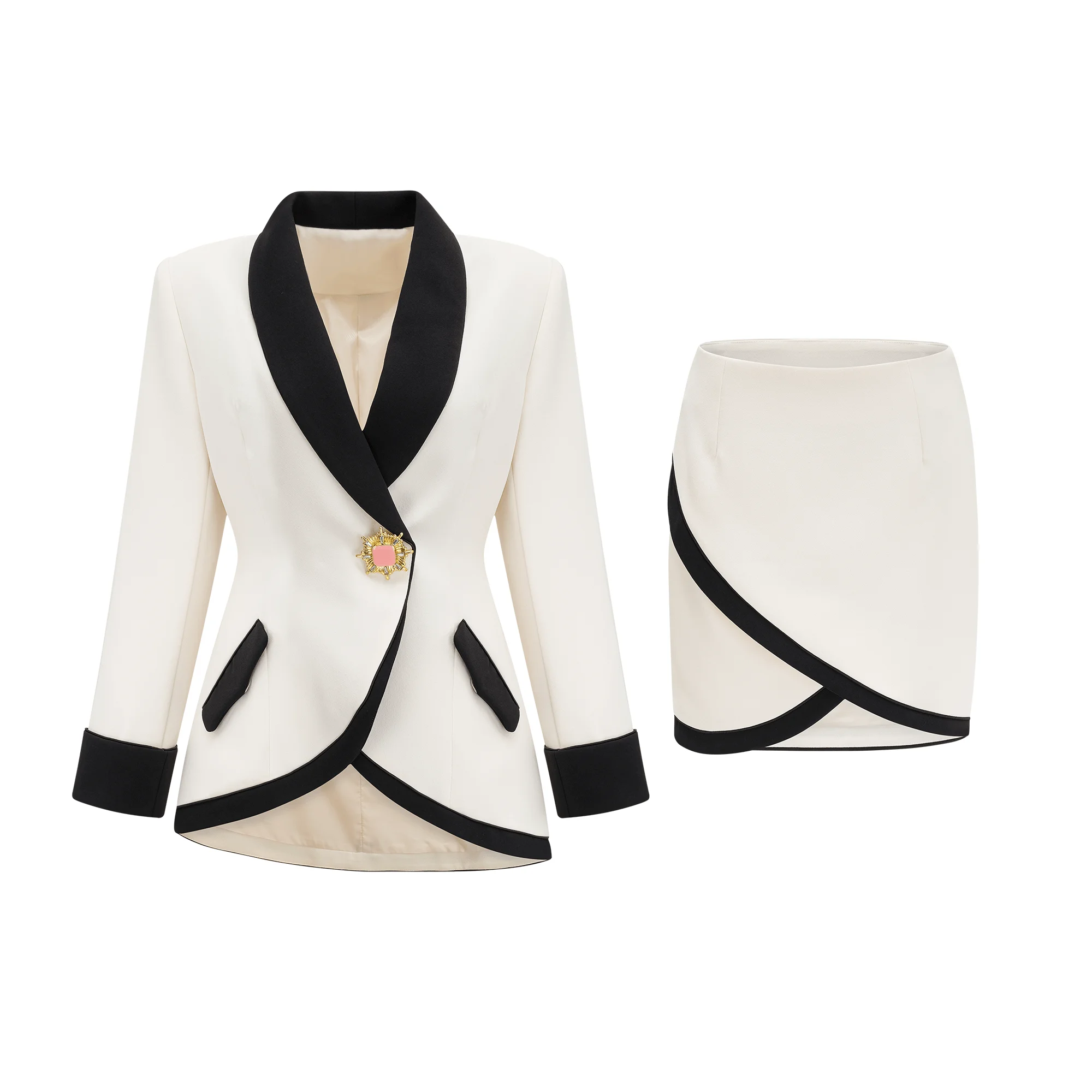 Formale Kleider für Damen, Mimi-Anzug-Kleider, eleganter Jackenmantel mit Schalkragen und kurzes Kleid für Damen, 2-teiliger Anzug, individuell gestaltet