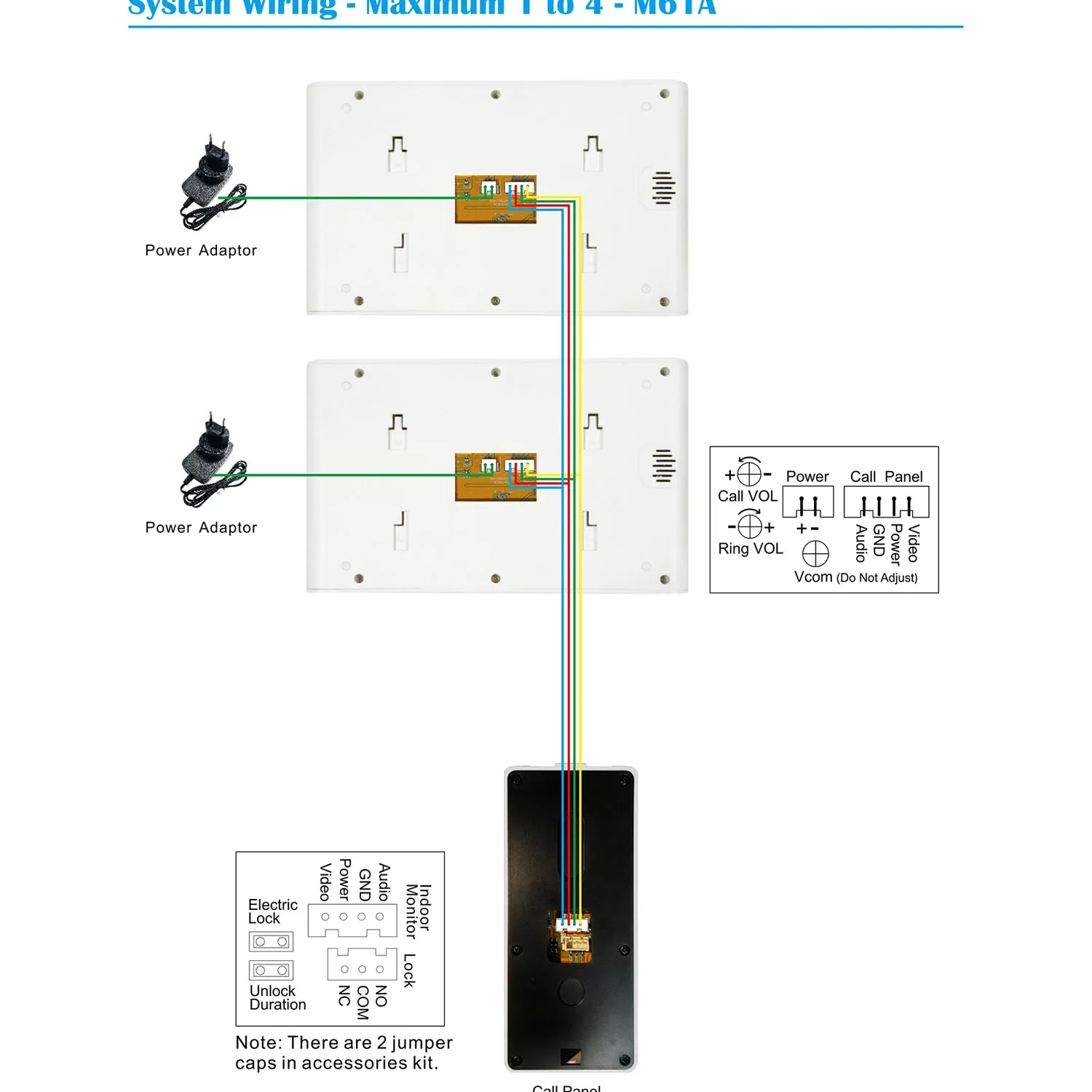 Sistema de intercomunicação com vídeo porteiro com 4 fios, campainha de metal para casa ao ar livre, à prova d'água, resistente ao frio, visão noturna para segurança 720p