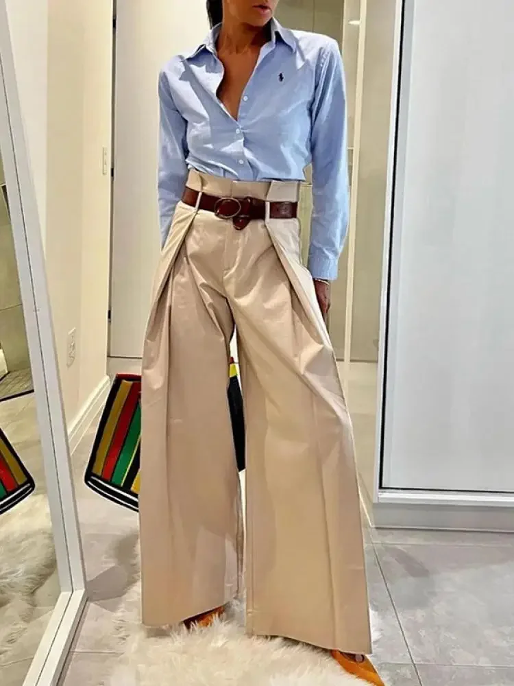 Freeacy 2024 ผู้หญิงแฟชั่นกางเกงพร็อพApricot Elastic Highเอวกางเกงจีบยาวกางเกงขากว้างสําหรับหญิง