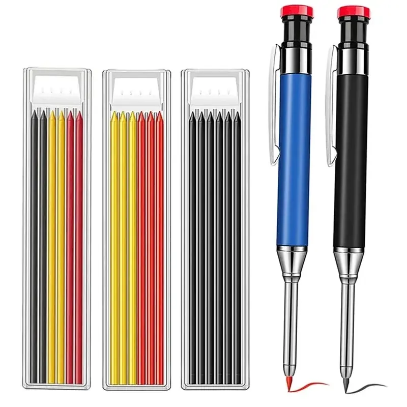 Massives Zimmermannsbleistift-Druckbleistift-Set aus Metall, integrierter Bleistiftspitzer mit Nachfüllminen, Markierungswerkzeuge zum Zeichnen mit tiefen Löchern