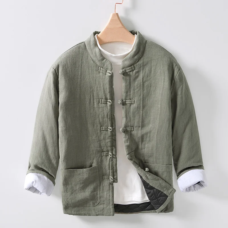 Chaqueta acolchada cálida de estilo chino Retro para hombre, chaqueta holgada Harajuku de Color sólido que combina con todo, prendas de vestir con botones y nudo de lino y algodón para hombre