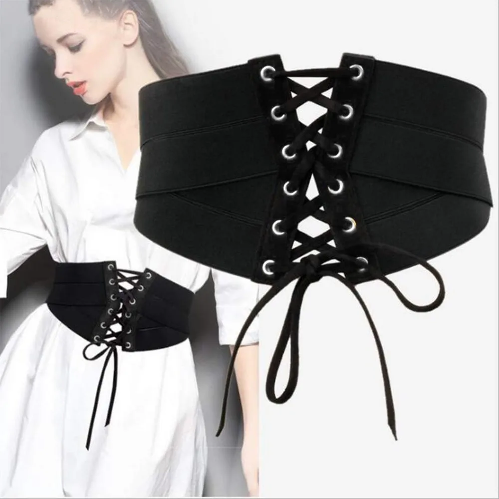 Womens Elastic Wide Band Wrap Cinch Retro High Waist Lace-Up Tie PU Leather Corset Cinch Belt Costume Party