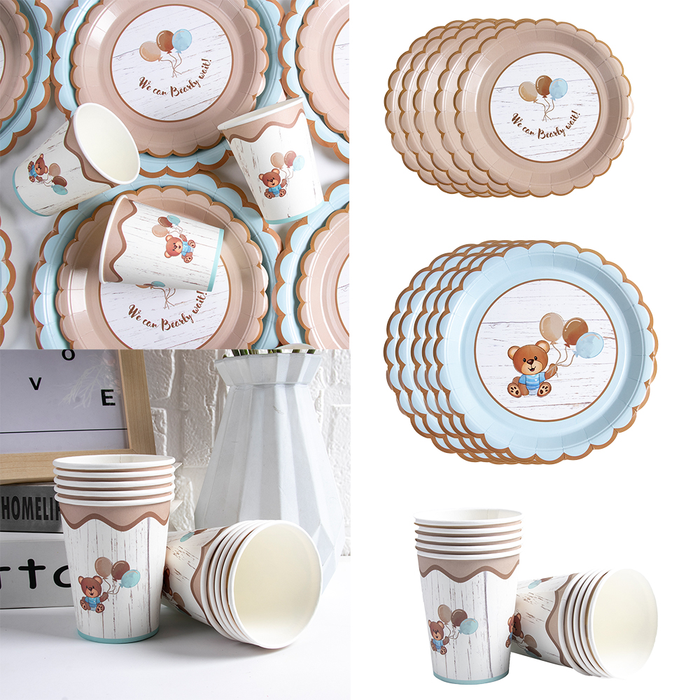 Urso decorações de chá de bebê pratos de papel copos guardanapos utensílios de mesa descartáveis suprimentos de festa de aniversário decoração de festa temática de urso