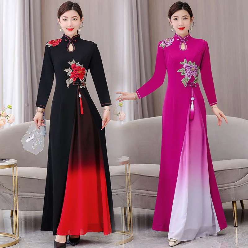 Vestido de manga larga de Audrey cheongsam para mujer, ropa de gama alta, etiqueta de sentido avanzado, espectáculo de caminata, actuación de coro largo, Otoño, 2023