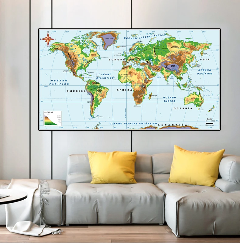 150*100Cm Trong Tiếng Tây Ban Nha Trong Thế Giới Orographic Và Cao Độ Bản Đồ Không Dệt Tranh Canvas Trang Treo Tường trang Trí Nhà Văn Phòng