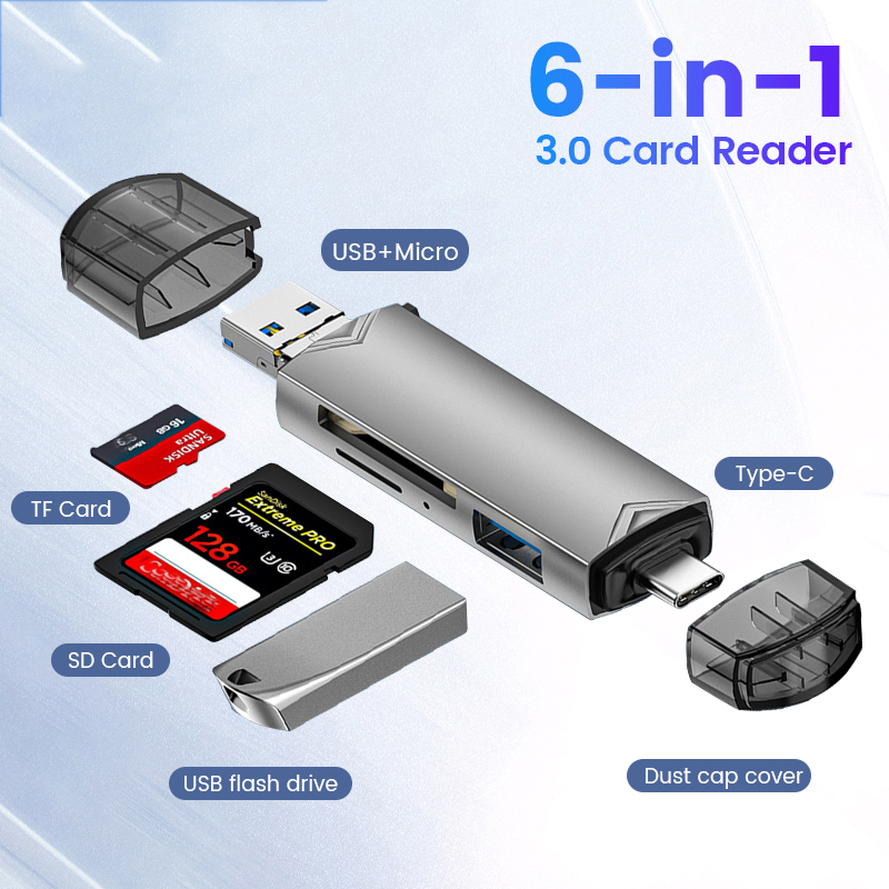 6 in 1 Card Reader USB3.0 Lector de tarjetas 6 en 1 USB 3,0 a tipo C, Micro USB Universal, adaptador OTG, adaptador multifuncional, SD, TF, transmisión de alta velocidad