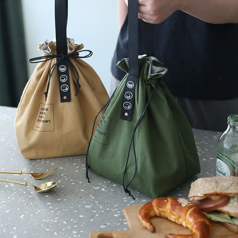 Bolsa de almuerzo de lona con aislamiento portátil con cierre de cordón, bolsa Bento plegable, bolsa de mano más fresca para el trabajo, escuela, Picnic, Camping