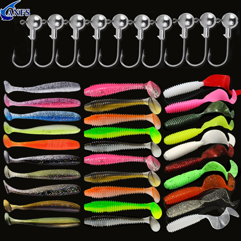 10pcs/30pcs Kit de iscas de pesca macias Conjunto de isca de silicone Verme de isca artificial com gancho de cabeça de gabarito de manivela