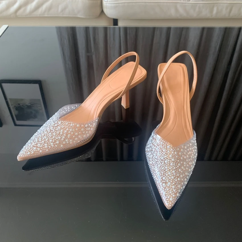 2024 แฟชั่นฤดูร้อนผู้หญิงรองเท้าส้นสูงเพิร์ลตกแต่ง Slingback ผู้หญิงปั๊มชี้ Toe รองเท้าส้นสูงรองเท้าแตะ Elegant รองเท้าผู้หญิง