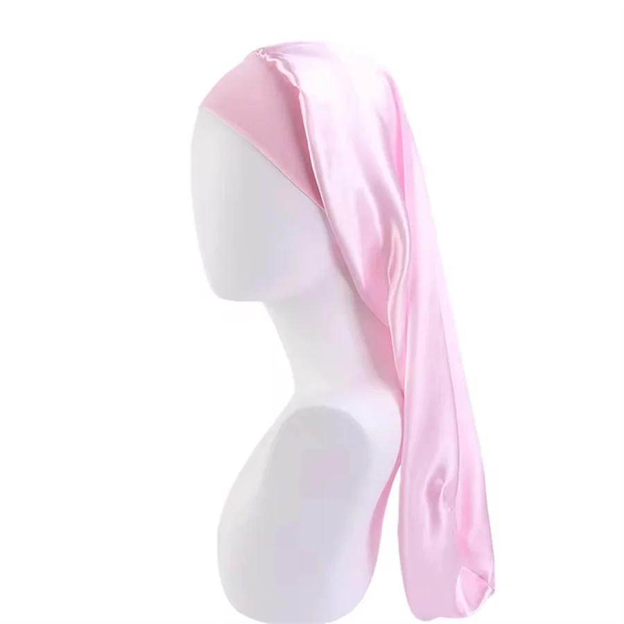Novo feminino longo cetim gorro de dormir boné de dormir sedoso com faixa elástica larga cuidados com o cabelo turbante tranças cabelo encaracolado cabelo natural