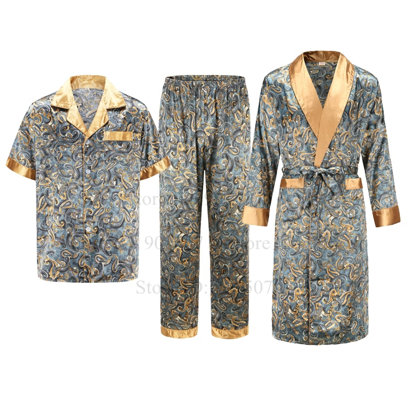 Bata de seda de hielo para hombre, ropa informal para el hogar, camisa y pantalones estampados, albornoz nuevo de verano y otoño con bolsillo, ropa de dormir holgada, ropa de descanso