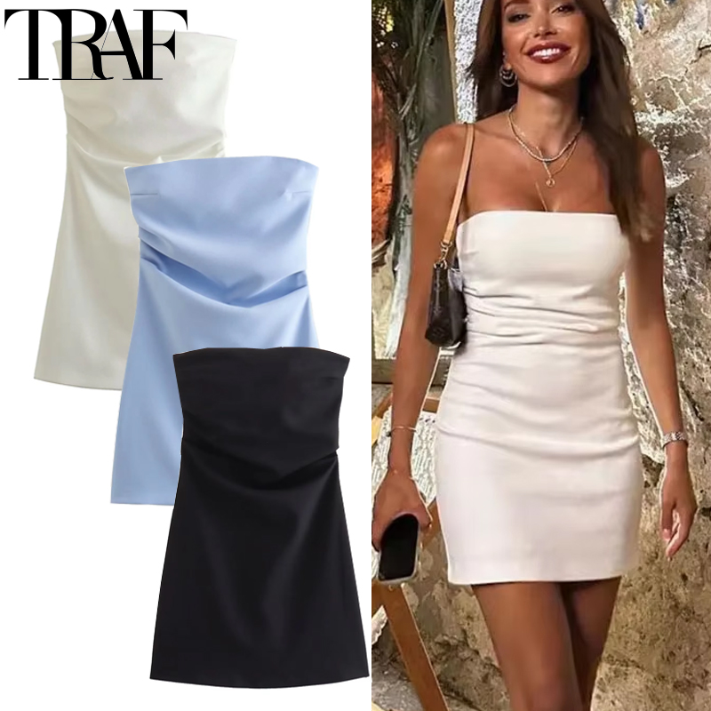 Traf vestido feminino fora do ombro espartilho vestidos curtos ruched sem costas azul preto branco vestido mulher sexy bodycon vestidos de festa