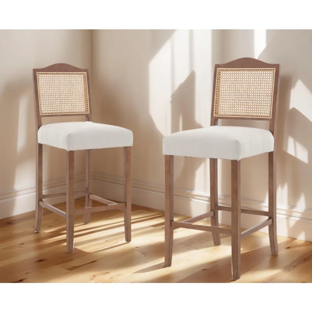 Counter Height Bar Stools Set of 2 Farmhouse Barstools with Rattan Back Linen Upholstered Bar Chairs Mid Century Wood Breakfast