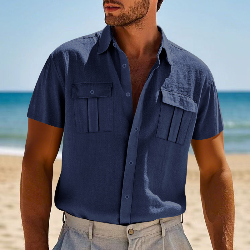 Camicia da uomo a maniche corte in cotone e lino, tinta unita estiva, colletto rialzato, stile casual da spiaggia, taglie forti S-5XL