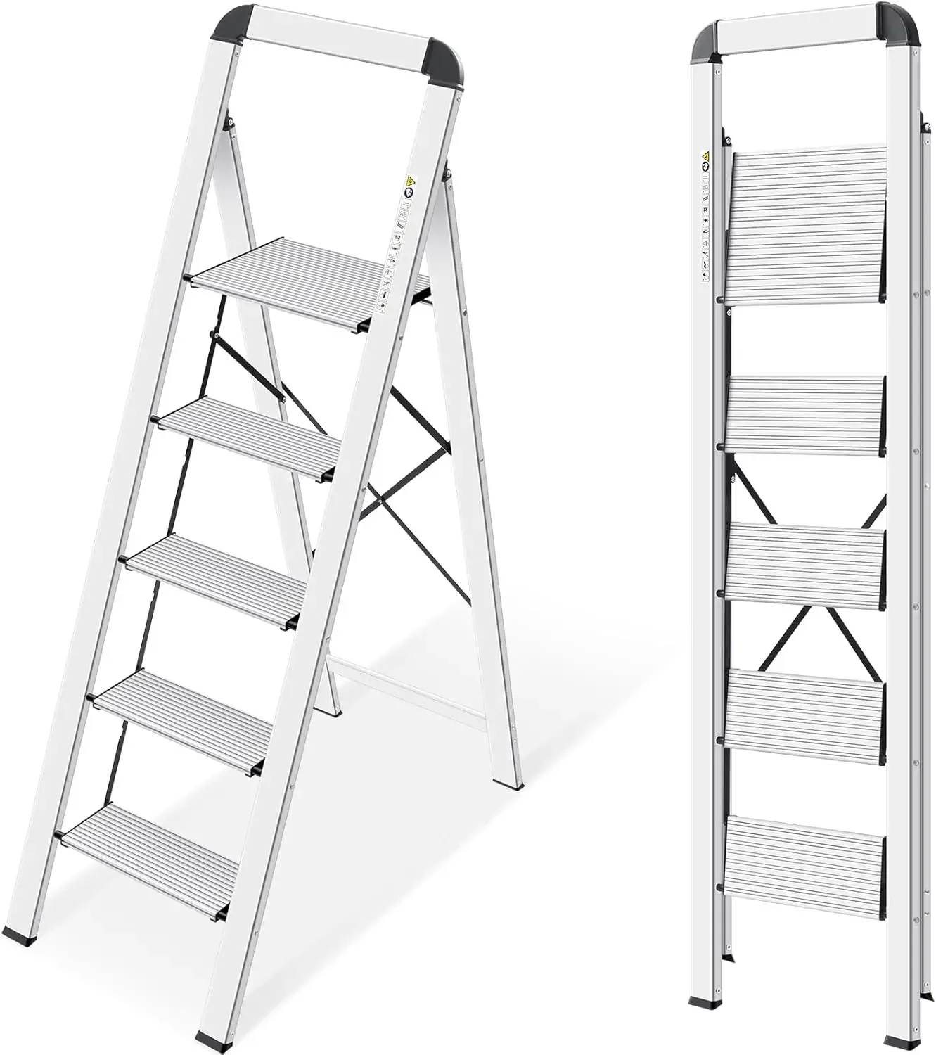 KINGRACK Escalera de Tijera 5 peldaños Plegable de Aluminio, Escalera Doméstica Estrecha con Pasamanos, Mecanismo Antiplegado, U