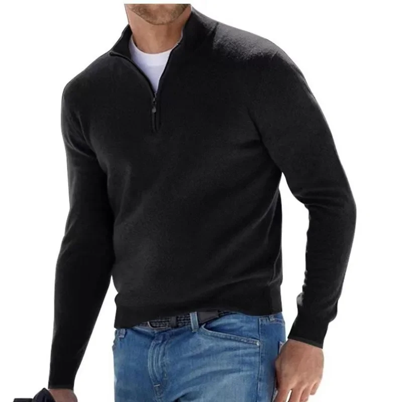 Jersey de Color sólido de otoño para hombre, suéter informal con media cremallera, sudadera ajustada de manga larga con cuello en V, camisa de invierno para hombre