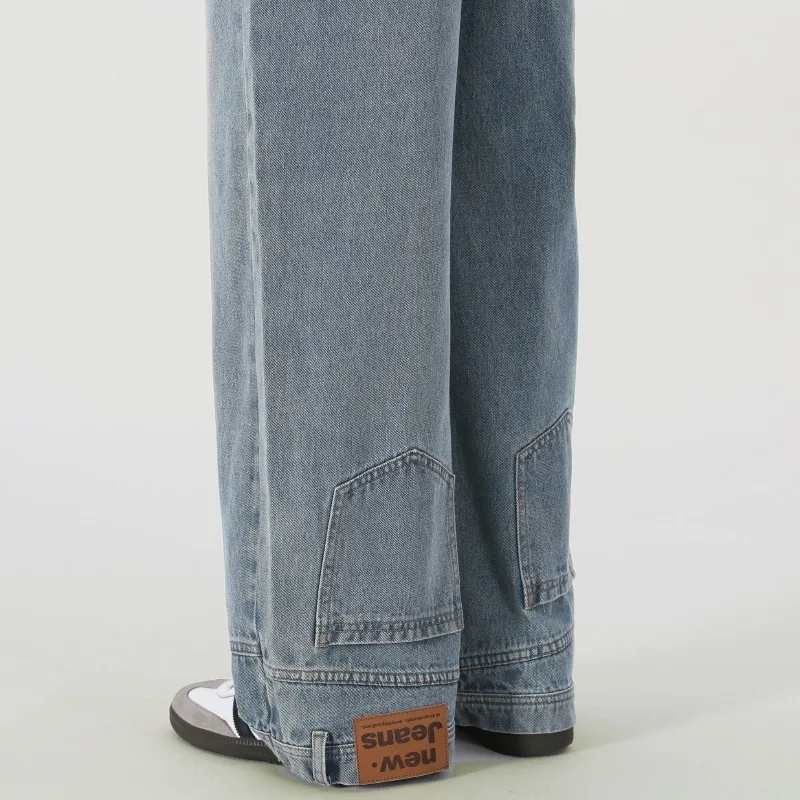 Vintage americano Retro lado inverso virado Denim Jeans hombres mujeres pareja recta pierna ancha pantalones de arrastre holgados de moda