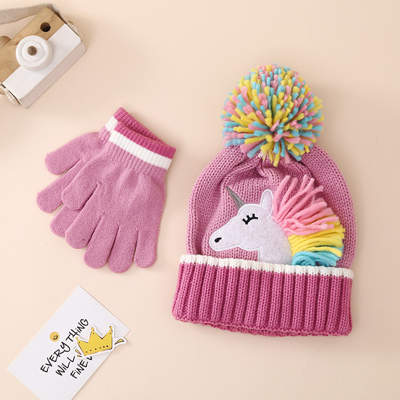 Cross-Border In-Stock Children's Cartoon Unicorn Knitted Hat and Gloves Two-Piece Set Winter Girls' Warm Knitted Hat Set