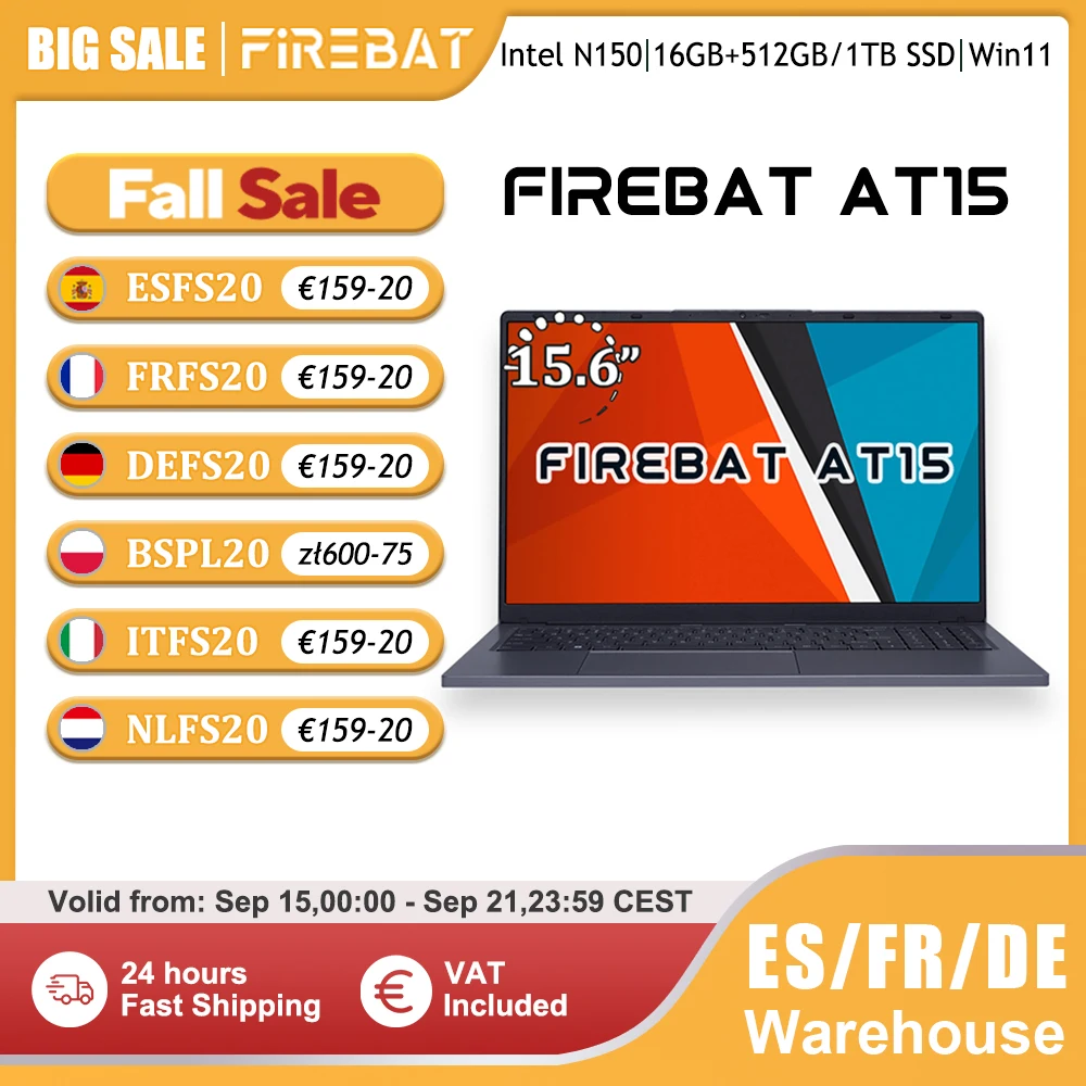 Firebat Laptop AT15 15,6 pulgadas Intel N150 DDR4 16GB RAM 512GB 1TB SSD 1920*1080 Windows 11 Notebook retroiluminado teclado numérico integrado