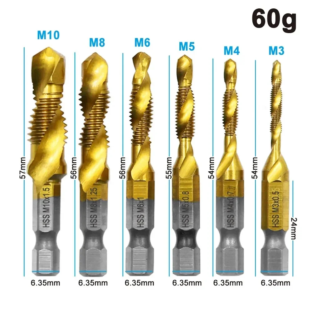Hexagonal Drill and Tap Integrated Tap Machine with Hole Chamfer Tool, 6pc High Speed Steel M3-M10 Titanium Plated Composite Tap