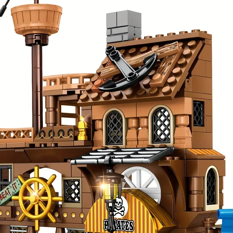 Creative ยุคกลาง Pirate Island Fortress ปราสาทอาคารบล็อกผจญภัยเรือ Log Cabin เรือประกอบอิฐของเล่นเด็กของขวัญ