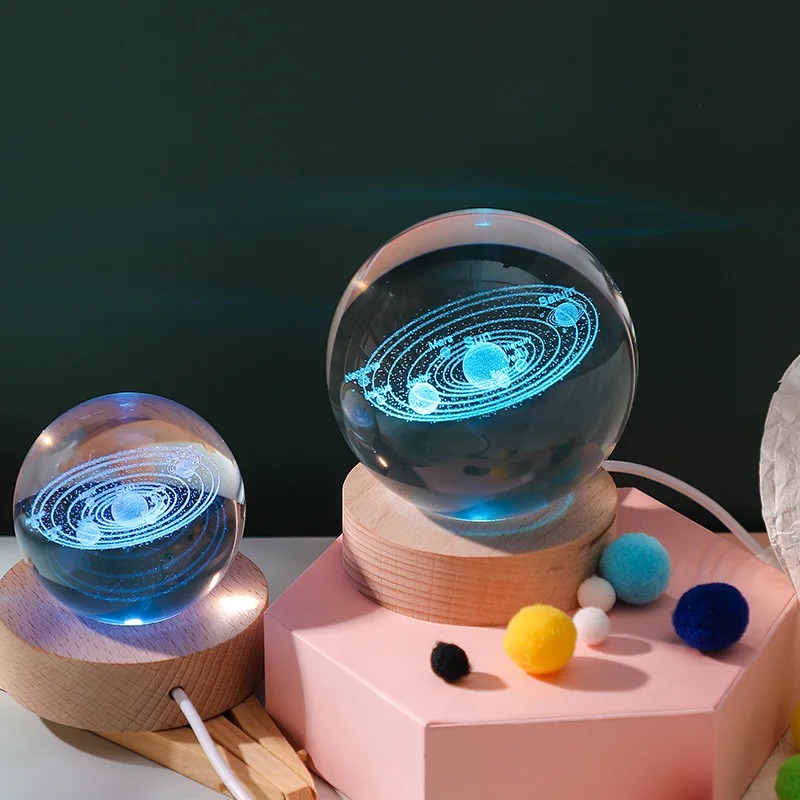 Bola de cristal led night light colorido 3d saturno sistema solar lua candeeiro mesa usb quarto atmosfera lâmpada para aniversário presente do miúdo