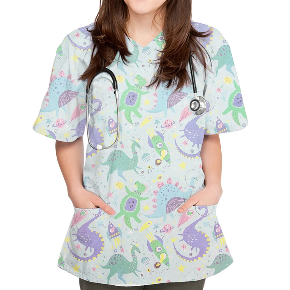 Uniforme cirúrgico mulher bonito dinossauro dos desenhos animados impressão uniformes cirúrgicos com decote em v manga curta pet médico topo feminino esfrega cirúrgica