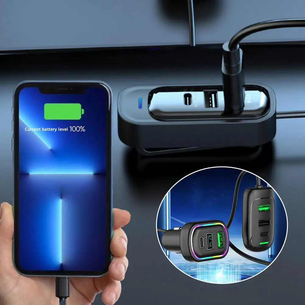 6-Ports USB Typ-C Vorder- und Hinterverlängerung Autoladegerät mit RGB-Licht PD Schnelllade-Netzteil für iPhone Tablet