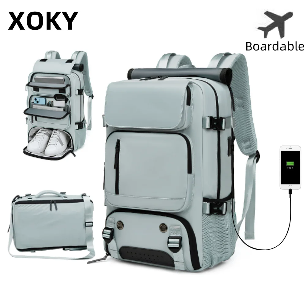 Mochila de viaje grande XOKY, mochila tableroable con carga USB, mochila de viaje impermeable para exteriores, compartimento independiente para zapatos 8102