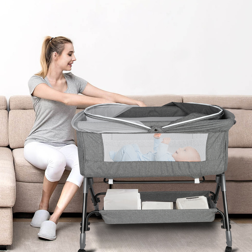 Berço de bebê, cama de bebê 3 em 1, ajuste de altura de 4 vias e ajuste de inclinação com berço de freio, berço portátil para casa e viagens