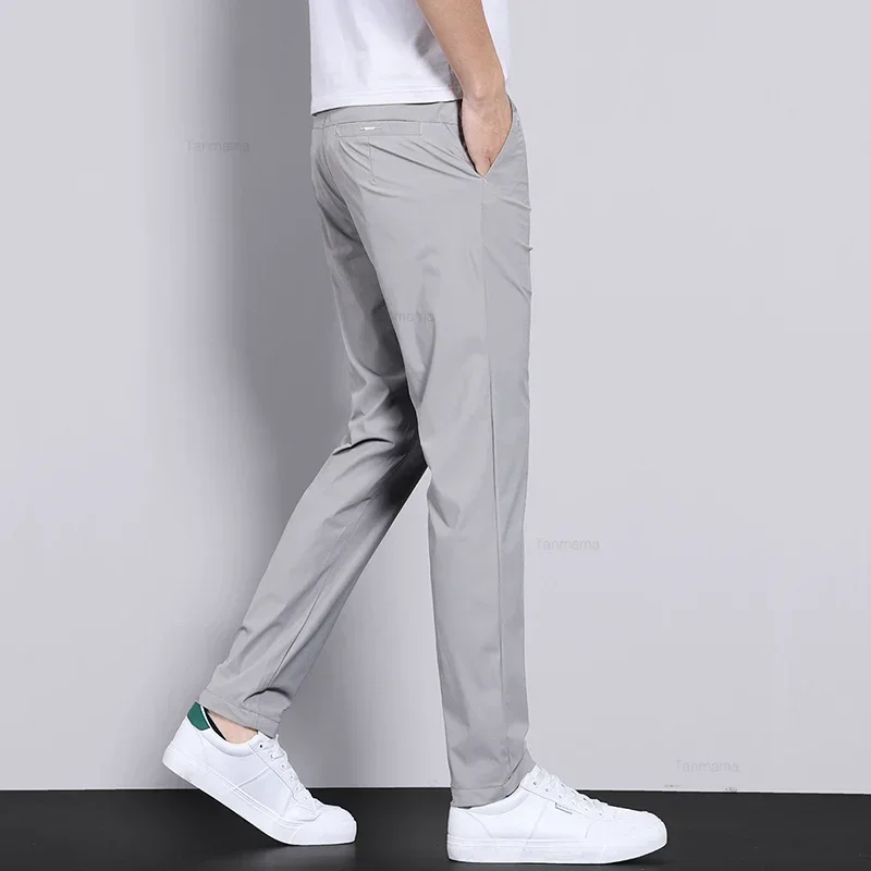 Ultra-thin Elastic Men's Casual กางเกงฤดูร้อน Quick-drying ICE Silk Slim ตรงธุรกิจกางเกงสีทึบสีดําสีเทา