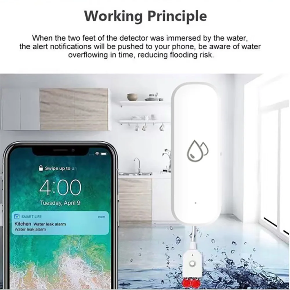 Tuya Zigbee-alarma con Sensor de agua, Detector de fugas de agua, alerta de inundación, sistema de alarma de seguridad de desbordamiento, funciona con Smart Life Zigbee Gateway