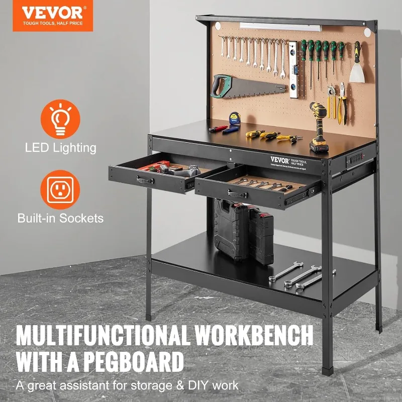 VEVOR Workbench, A3 Steel Workbenches for Garage max 1500W, Heavy Duty Work Bench with 220lbs Load Capacity, Hardwood Workbench