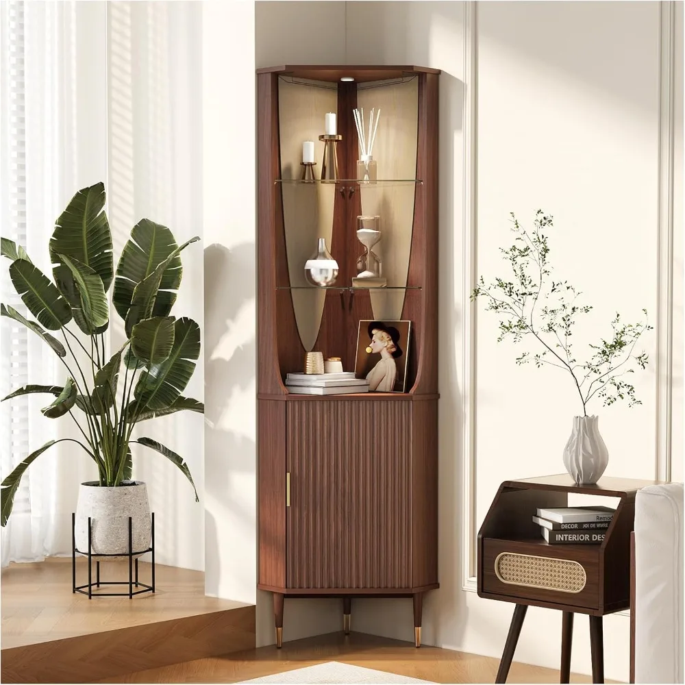 70" Tall Corner Bar Cabinet, Mid-Century Modern Fluted Storage Cabinet with Glass Shelves, Door & LED Lighting, Space-Saving