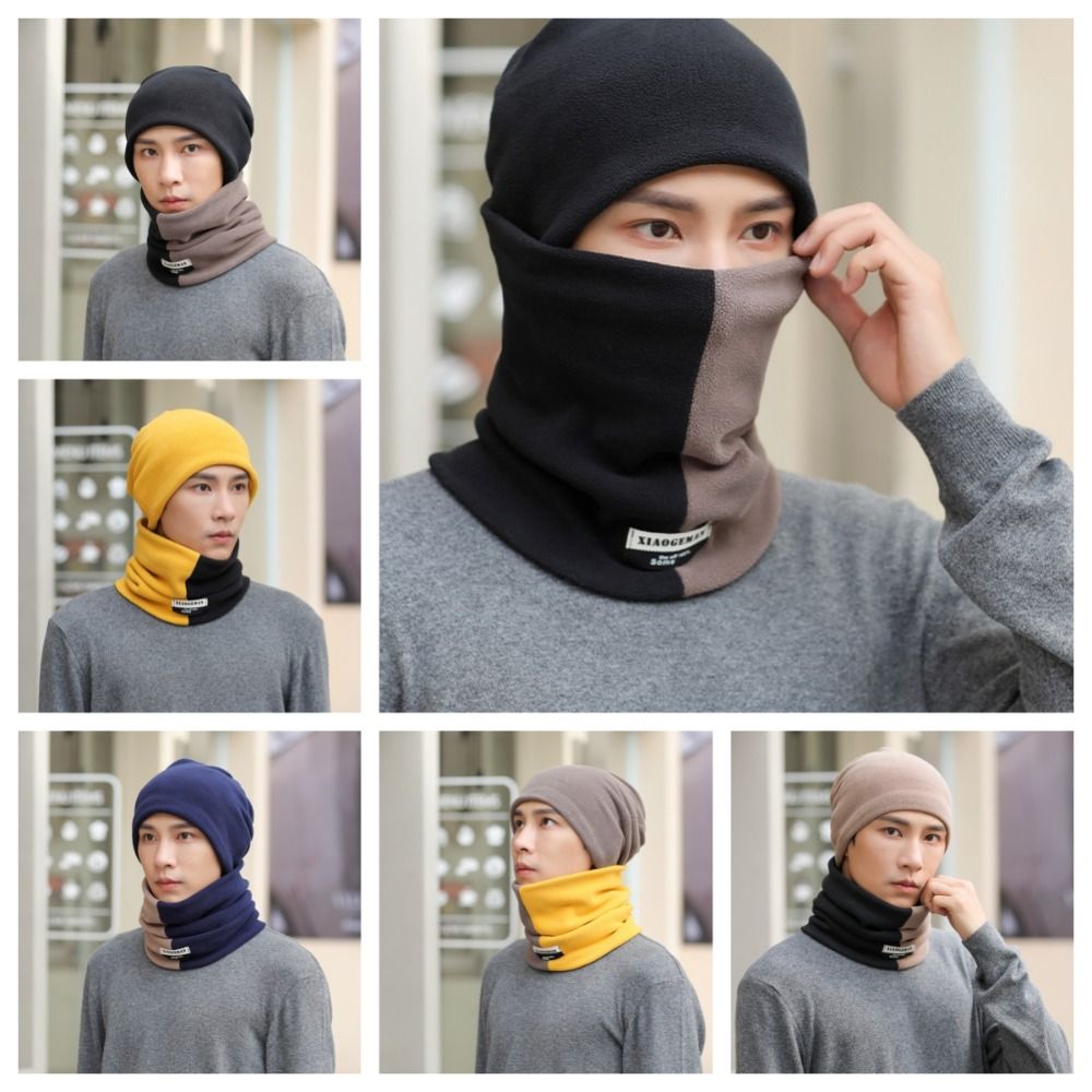 Fashion Thicken Men's Neck Warmer Hat Snood Velvet Scarf Cap Set Color Blocking Soft Pullover Cap Men Winter