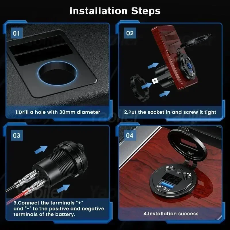 Kewig-enchufe USB de 12V, puerto de USB-C Dual PD de 108W, carga rápida 3,0, cargador USB para coche, toma de corriente impermeable con interruptor de voltímetro