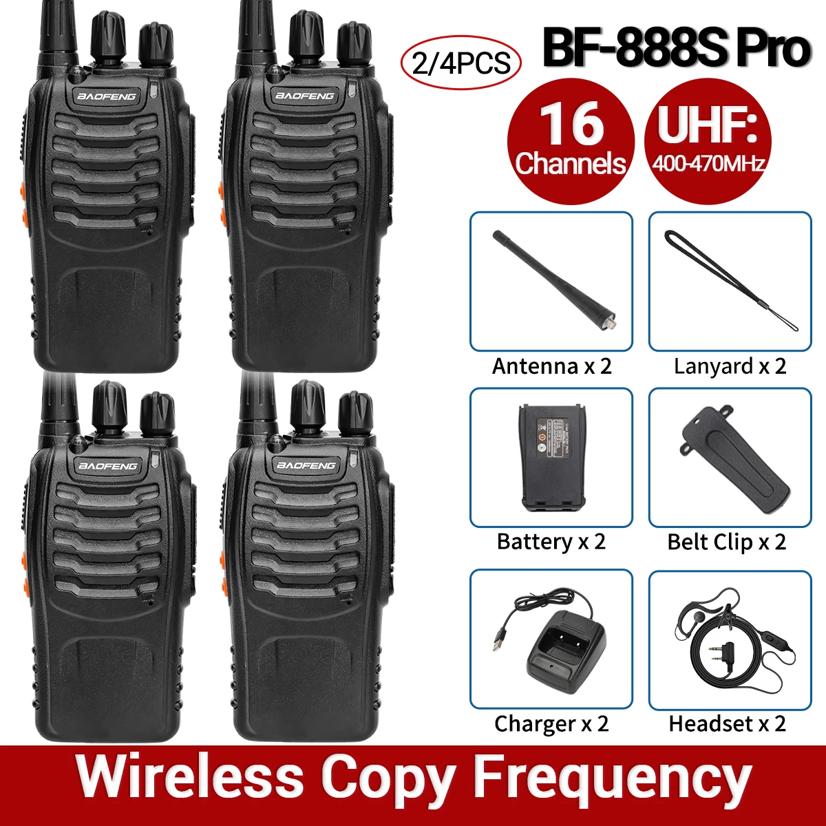 2/4 stücke Baofeng BF-888S Pro Walkie Talkie Langstrecken drahtlose Kopier frequenz UHF tragbare USB-Ladegerät Amateurfunk für die Jagd