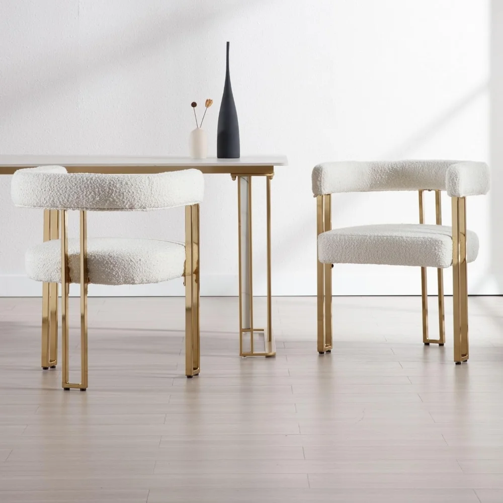 Set of 2 Barrel Dining Chairs, White Boucle Dining Room Chairs, Glam Side Chairs with Arms and Gold  Legs