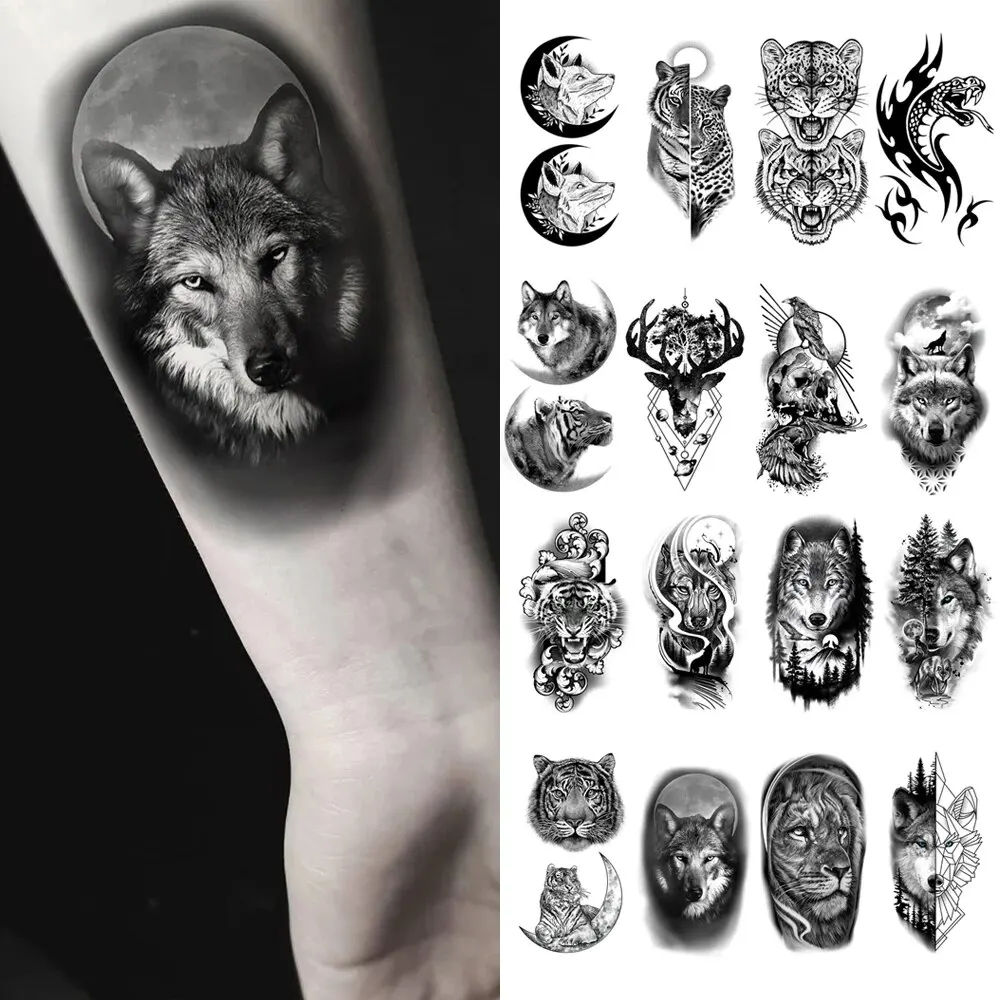 Autocollant de tatouage temporaire imperméable, 10 pièces, loup foncé, Lion, tigre, aigle, serpent, cerf, squelette, Scorpion, Art corporel, bras, femmes et hommes