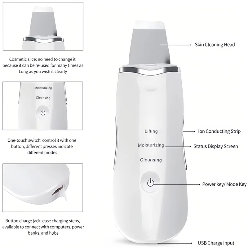 Purificador ultrassônico da pele, vibração profunda, limpador facial, pá, peeling, removedor de cabeça preta, massageador facial