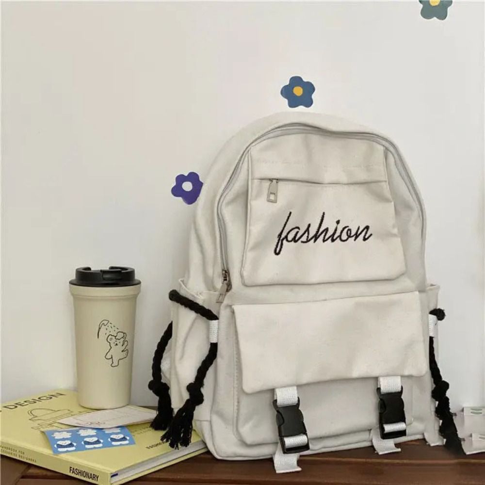 Women's Korean Version Canvas Schoolbag Men's Casual Solid Color Backpack Travel School Shoulder Bag
